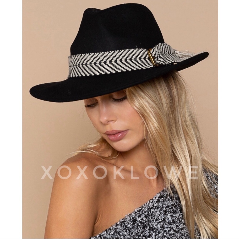 1 LEFT Black Wool Chevron Buckle Strap Wide Brim Hat - Picture 5 of 14